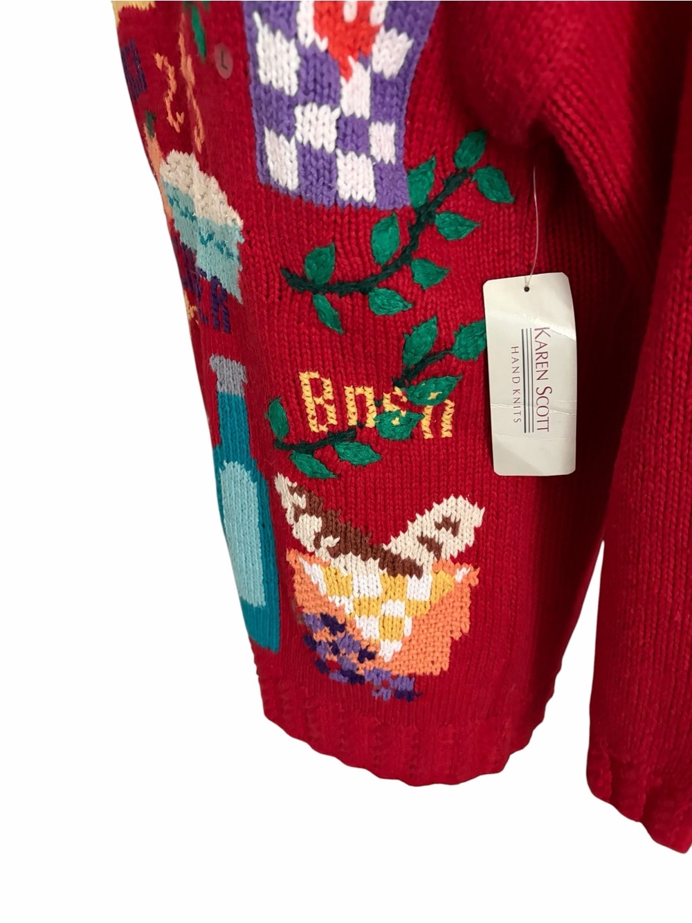 Vtg Karen Scott sweater features a vibrant, Cottagecore hand-knit Baking Theme - Picture 4 of 11